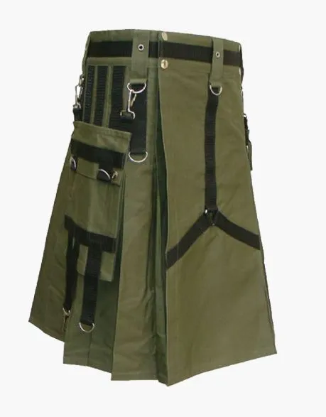 A utility kilt in olive green color with black nylon straps