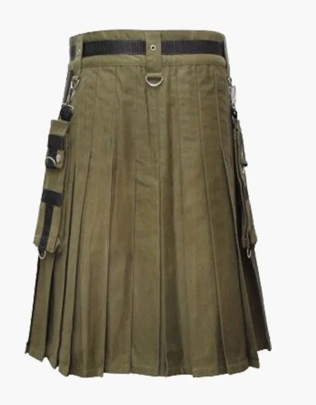 A utility kilt in olive green color with black nylon straps