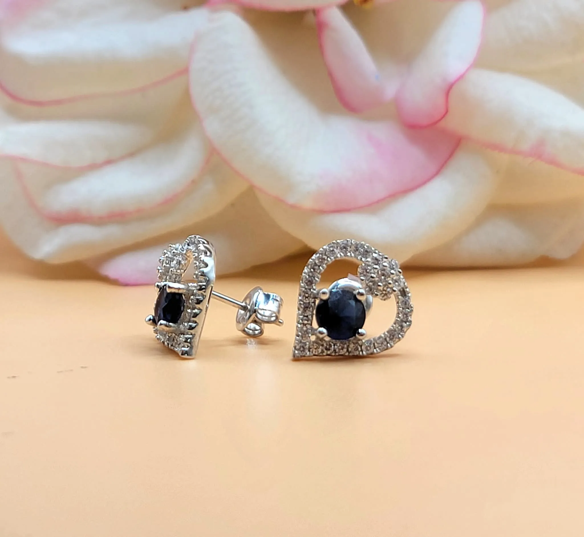 A639 Navy Blue Heart Diamond Accent Post Earrings