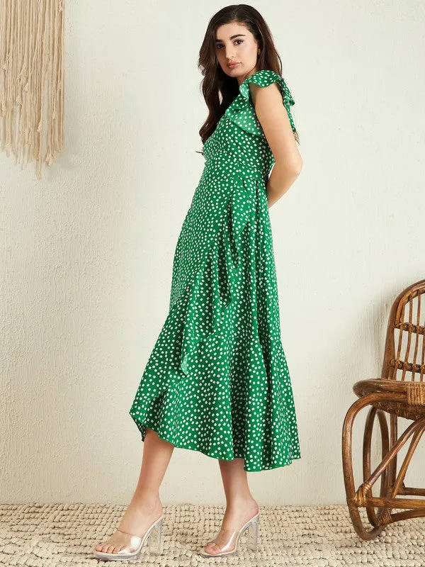 Berrylush Women Green & White Floral Printed V-Neck Flutter Sleeve Waist Tie-Up Straight Hem Wrap Midi Dress