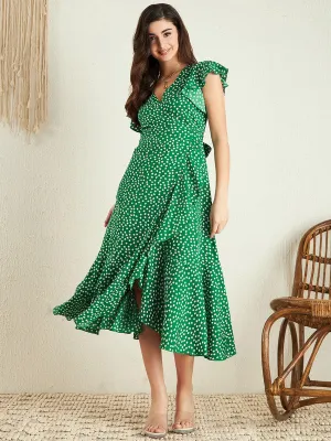 Berrylush Women Green & White Floral Printed V-Neck Flutter Sleeve Waist Tie-Up Straight Hem Wrap Midi Dress