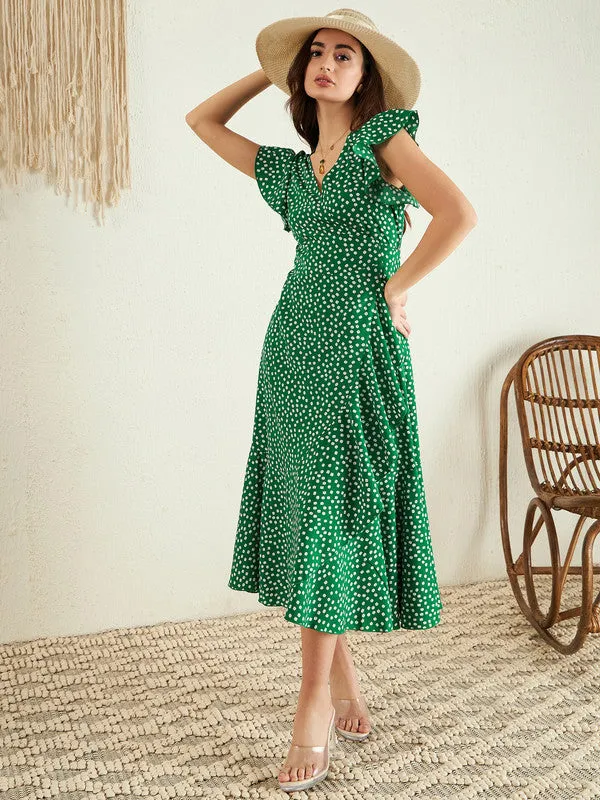 Berrylush Women Green & White Floral Printed V-Neck Flutter Sleeve Waist Tie-Up Straight Hem Wrap Midi Dress