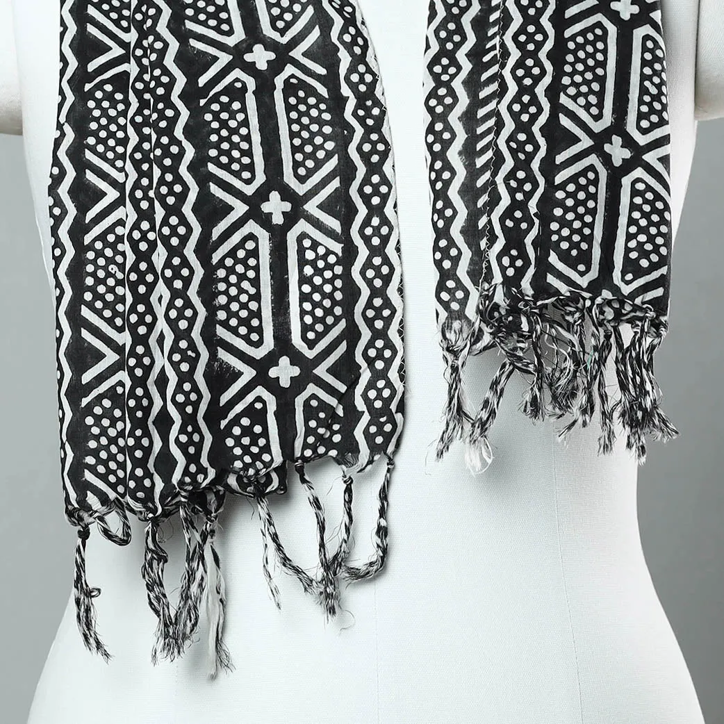 Black - Sanganeri Block Printed Cotton Stole with Tassels 41