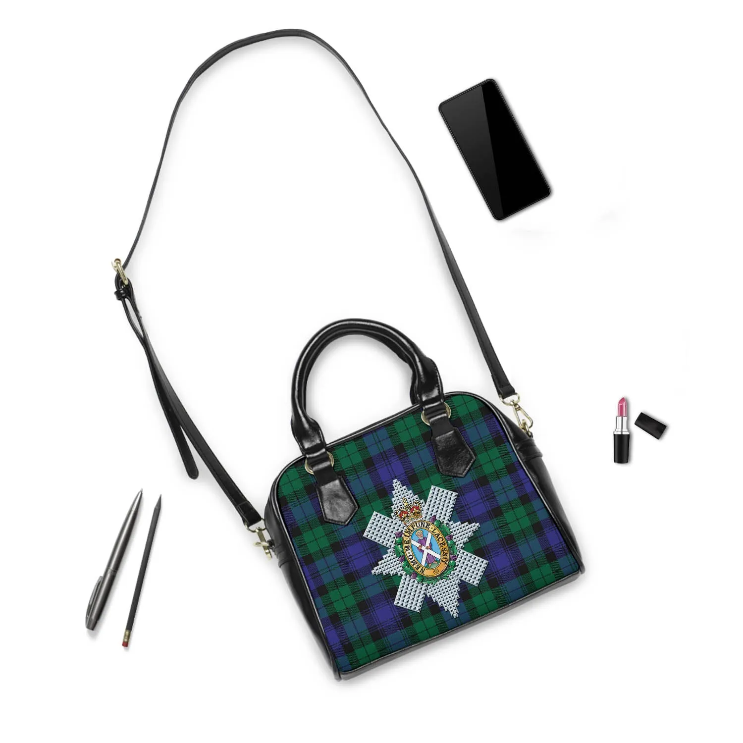 Black Watch Modern Tartan Shoulder Handbags with Family Crest