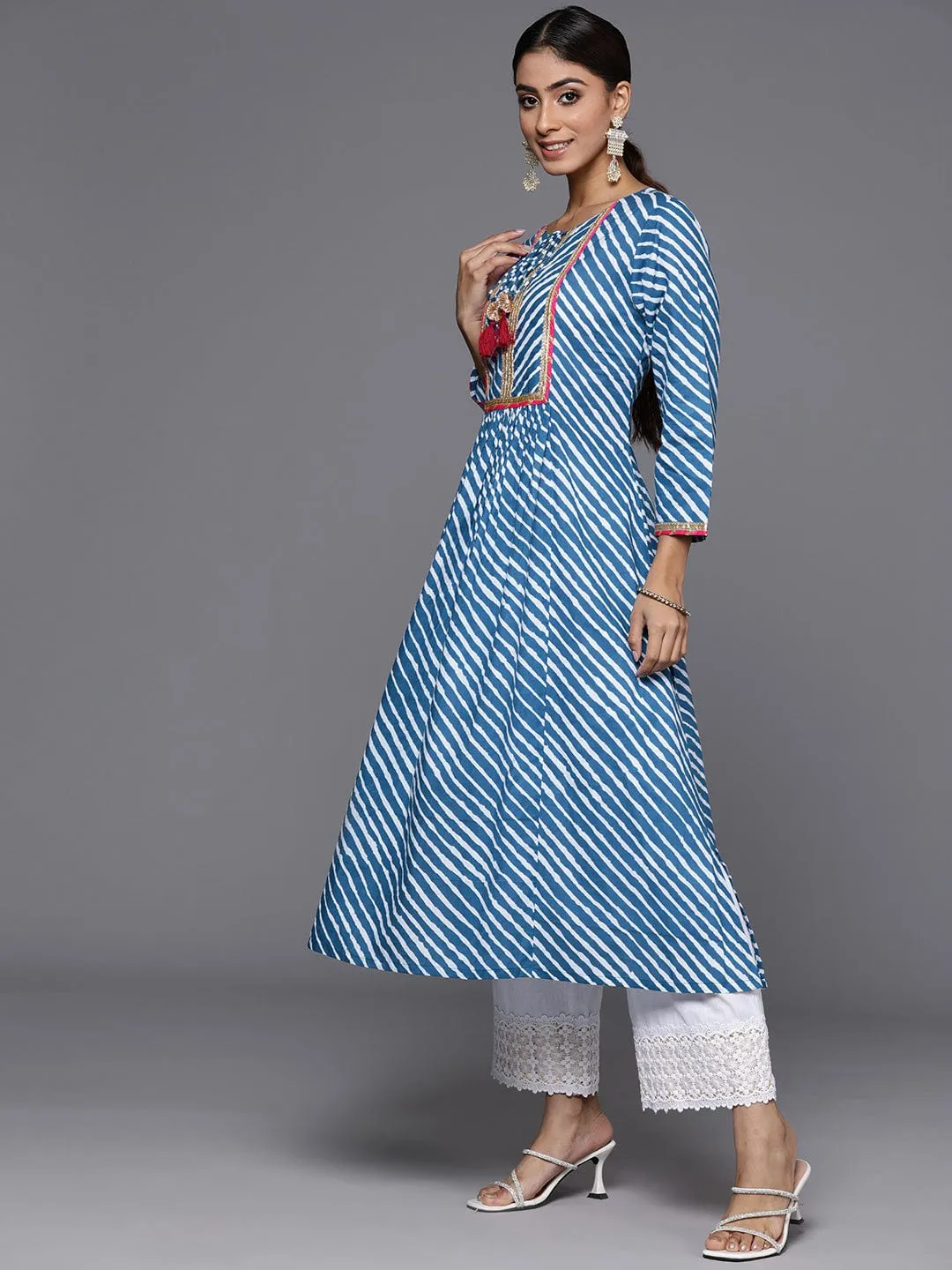 Blue Lehariya Printed A-Line Kurta