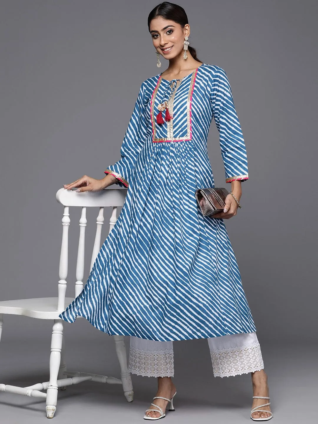 Blue Lehariya Printed A-Line Kurta