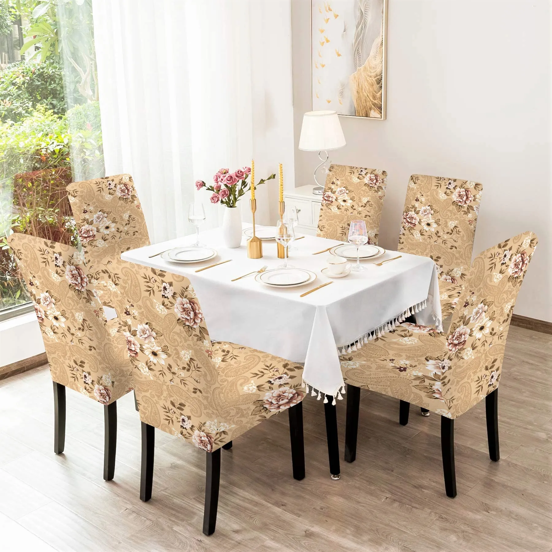 BRIDA® Stretchable Floral Printed Dining Chair Covers Elastic Chair Seat Case Protector, Slipcover Set of 6 Seater (6 Chair Cover, Beige), Polycotton Spandex