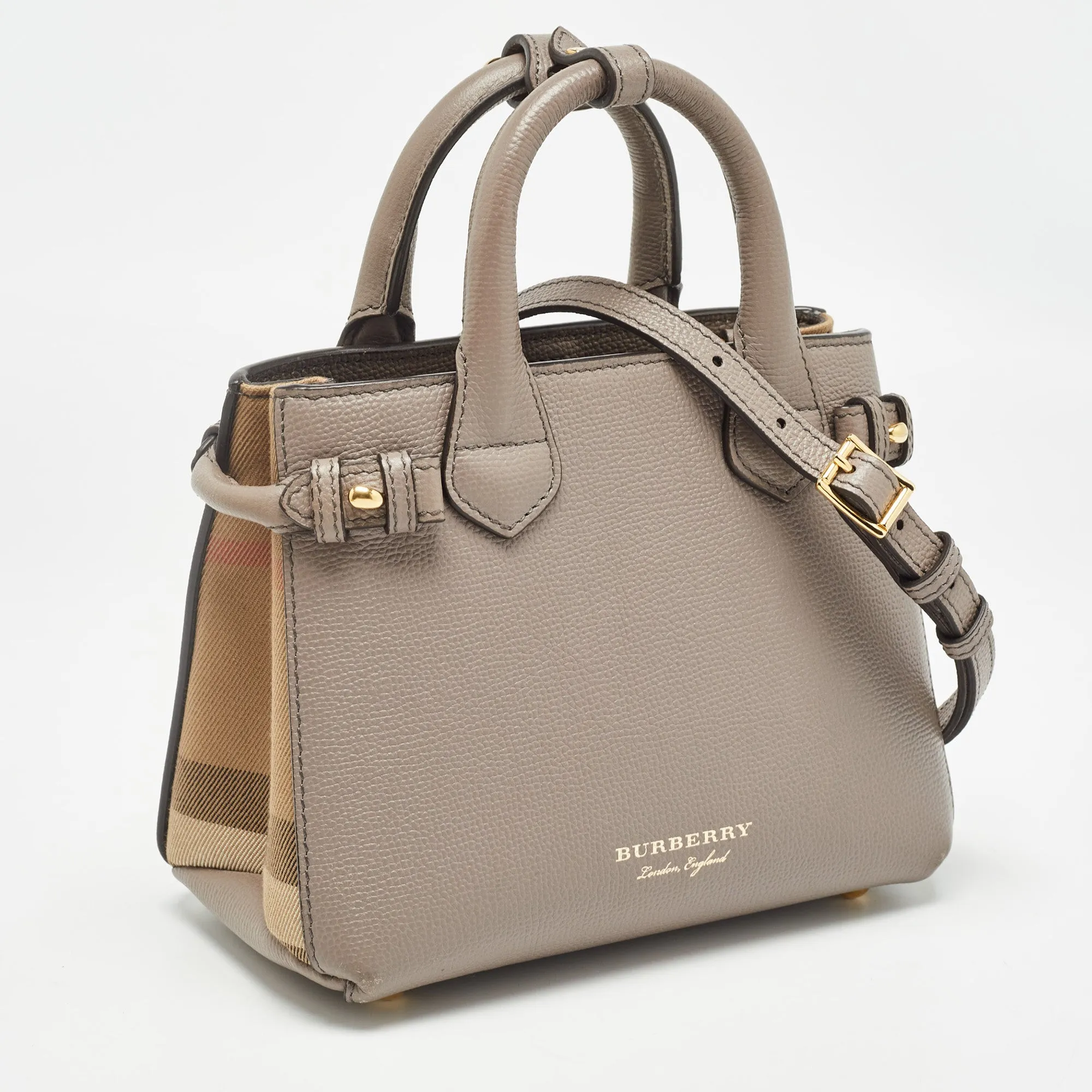 BURBERRY Beige House Check Fabric and Leather Mini Banner Tote