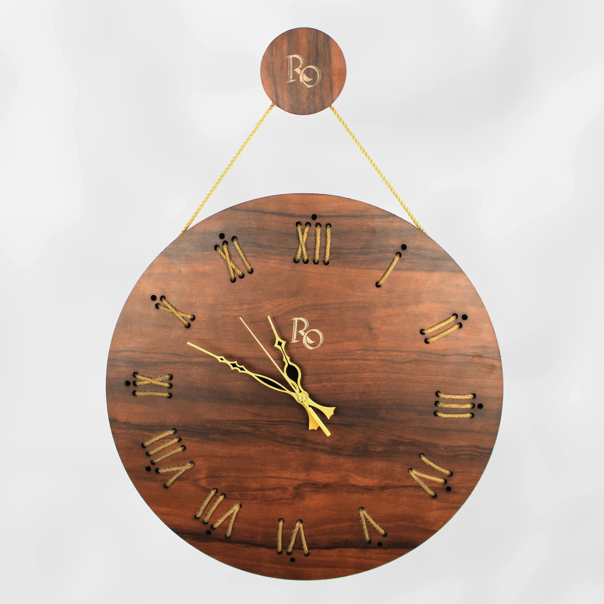 Elegant Timepiece with Golden Hands and Rope Hanging