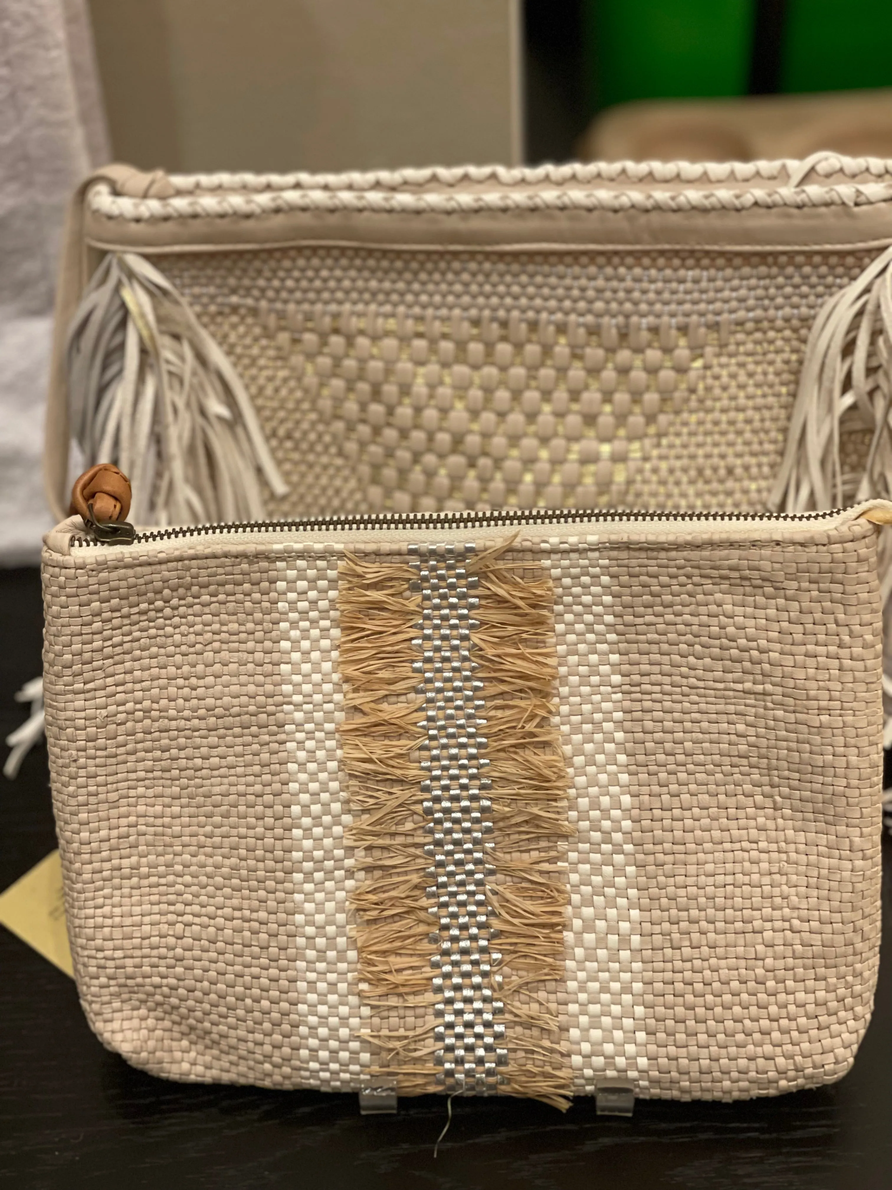 Enshalla Beige, Tan & Metallic Woven Clutch