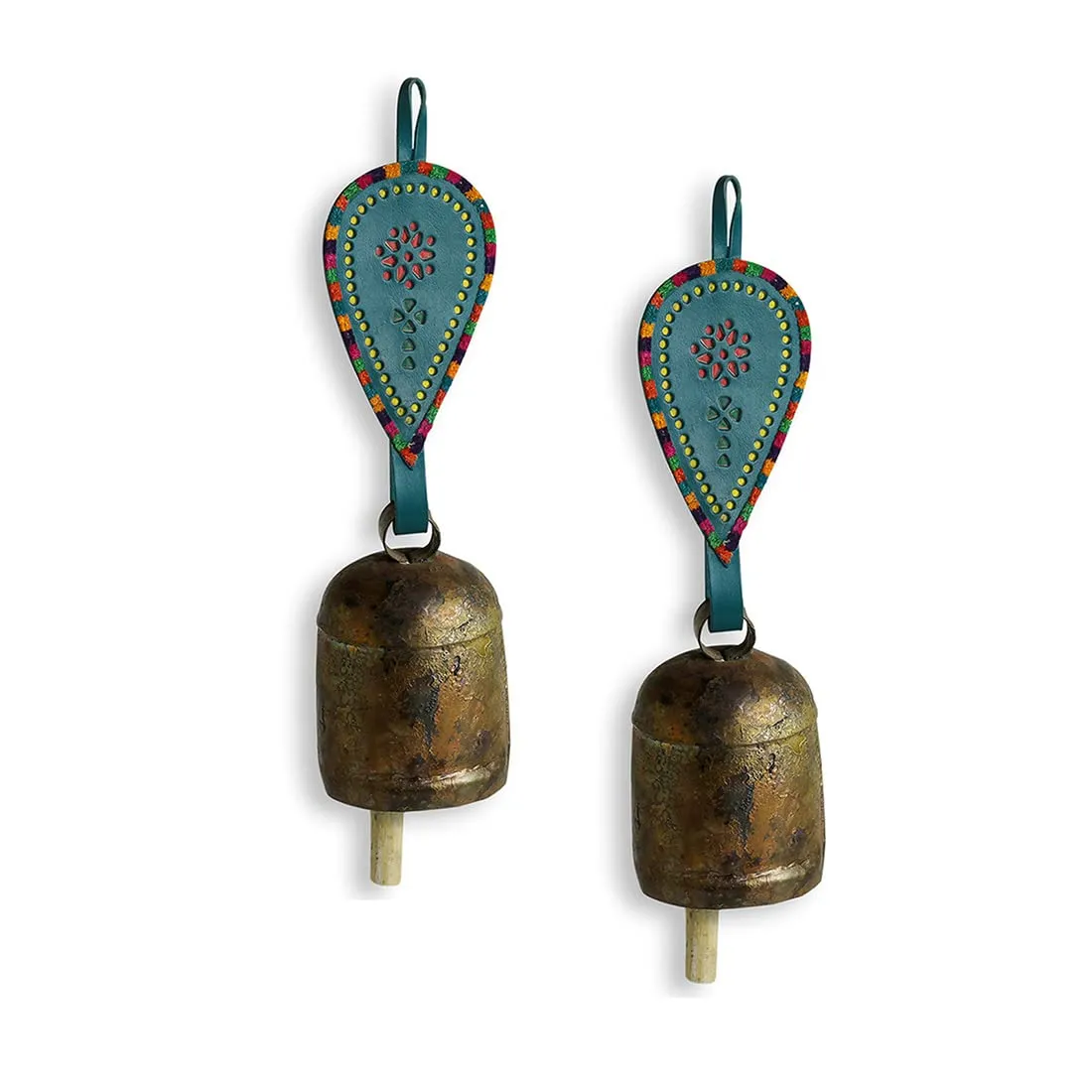 ExclusiveLane Handmade Balcony Decorative Leather Strap Antique Outdoor Hanging Metal Bell Wind Chimes (Set of 2, Blue)