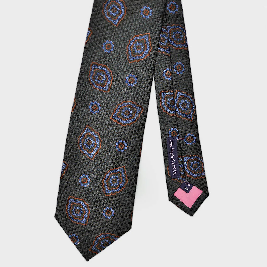 Florets Bottle Neck Tussah Silk Tie in Midnight Blue