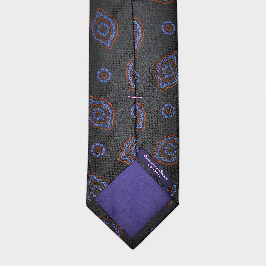 Florets Bottle Neck Tussah Silk Tie in Midnight Blue