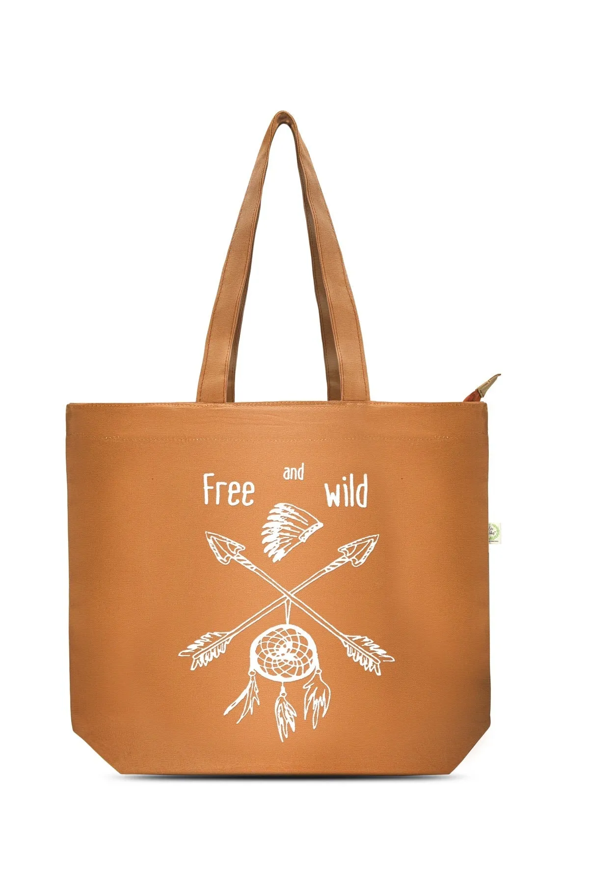 Free and Wild- Premium Cotton Canvas Tote Bag with Zip- Tan