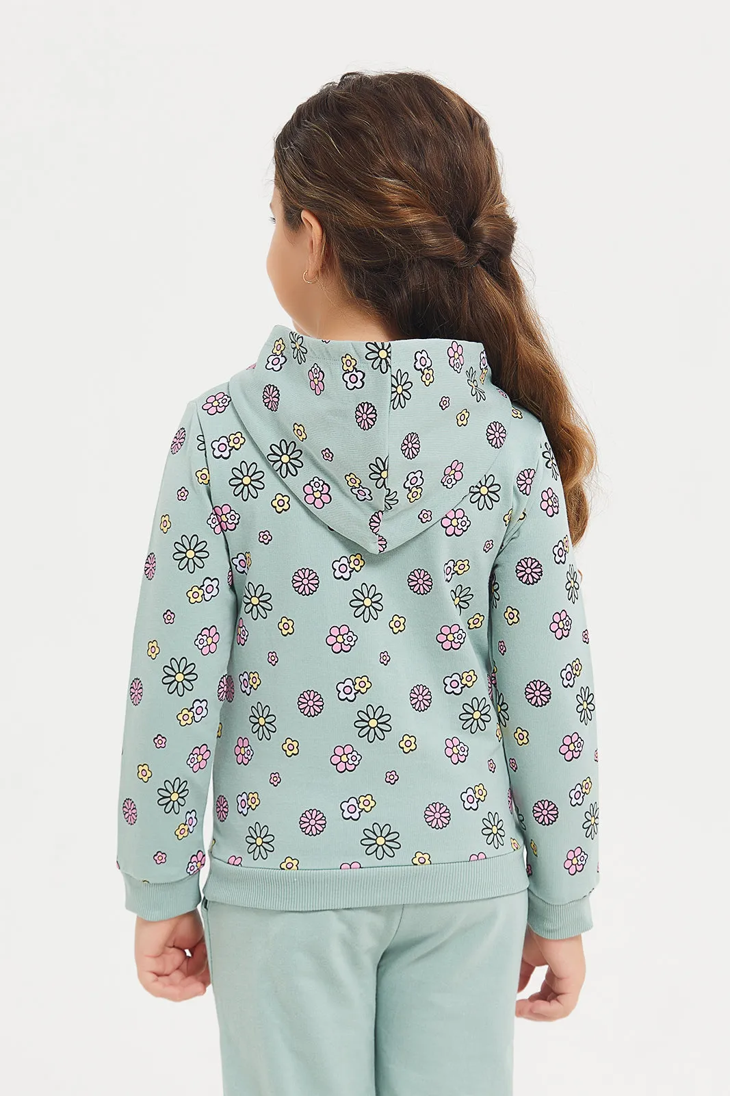 Girls Green Daisy Sage Printed Hooded Sweatshirts