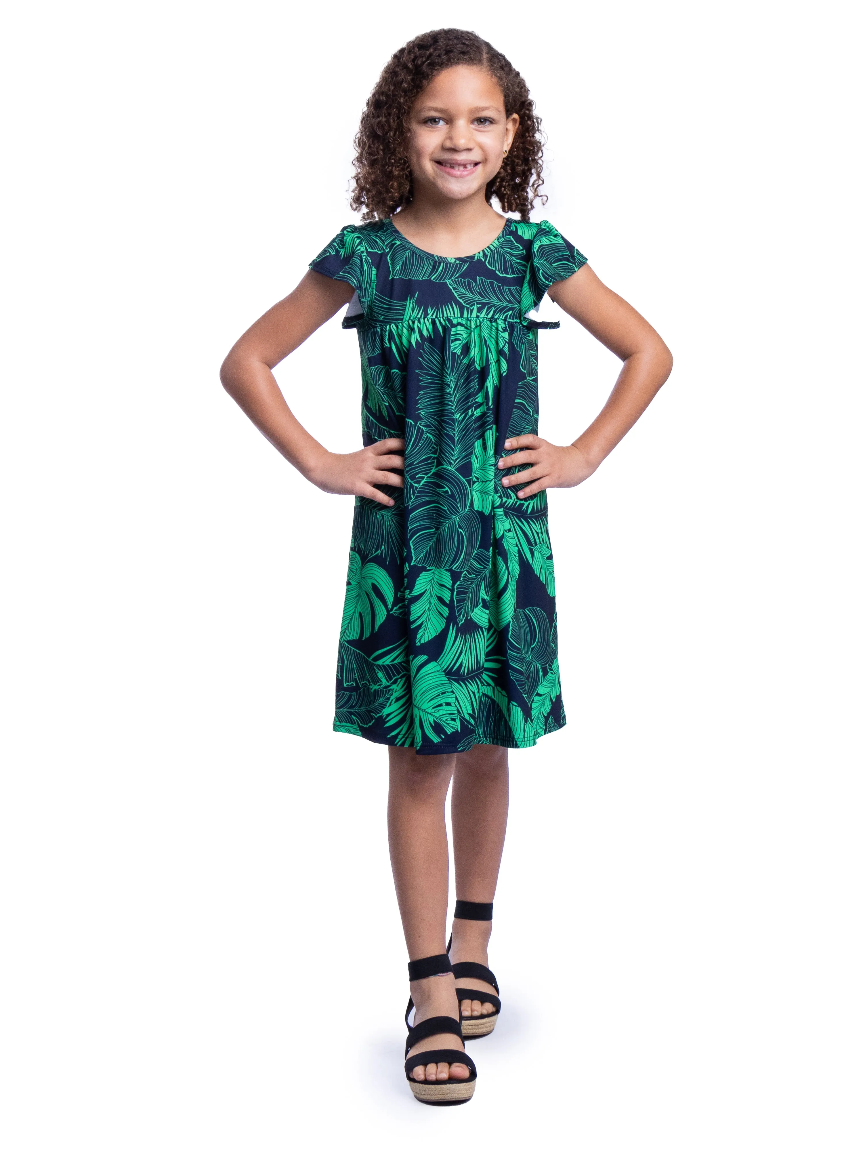 Girls Green Leaf Print Babydoll Knee Length Dress