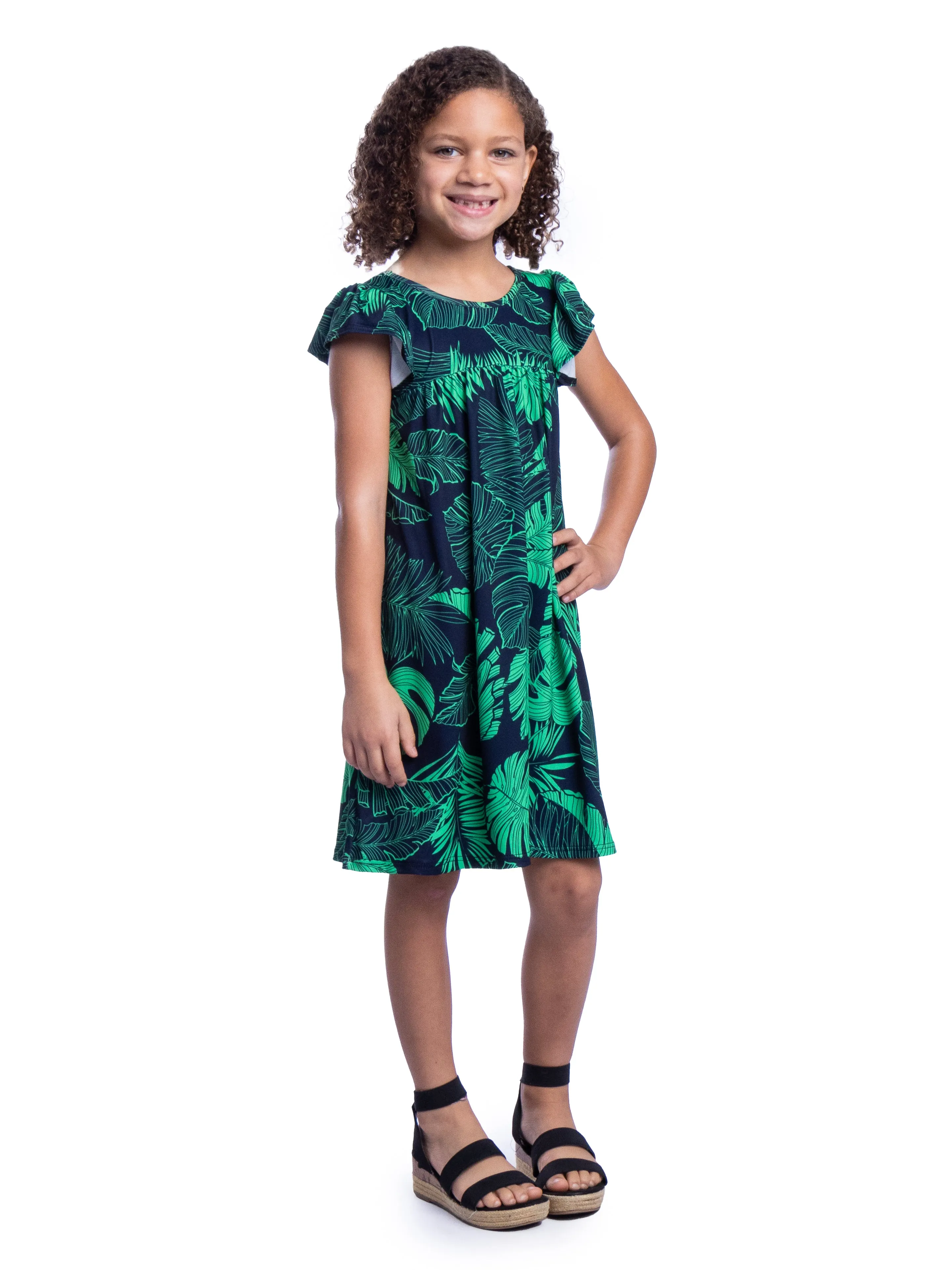 Girls Green Leaf Print Babydoll Knee Length Dress