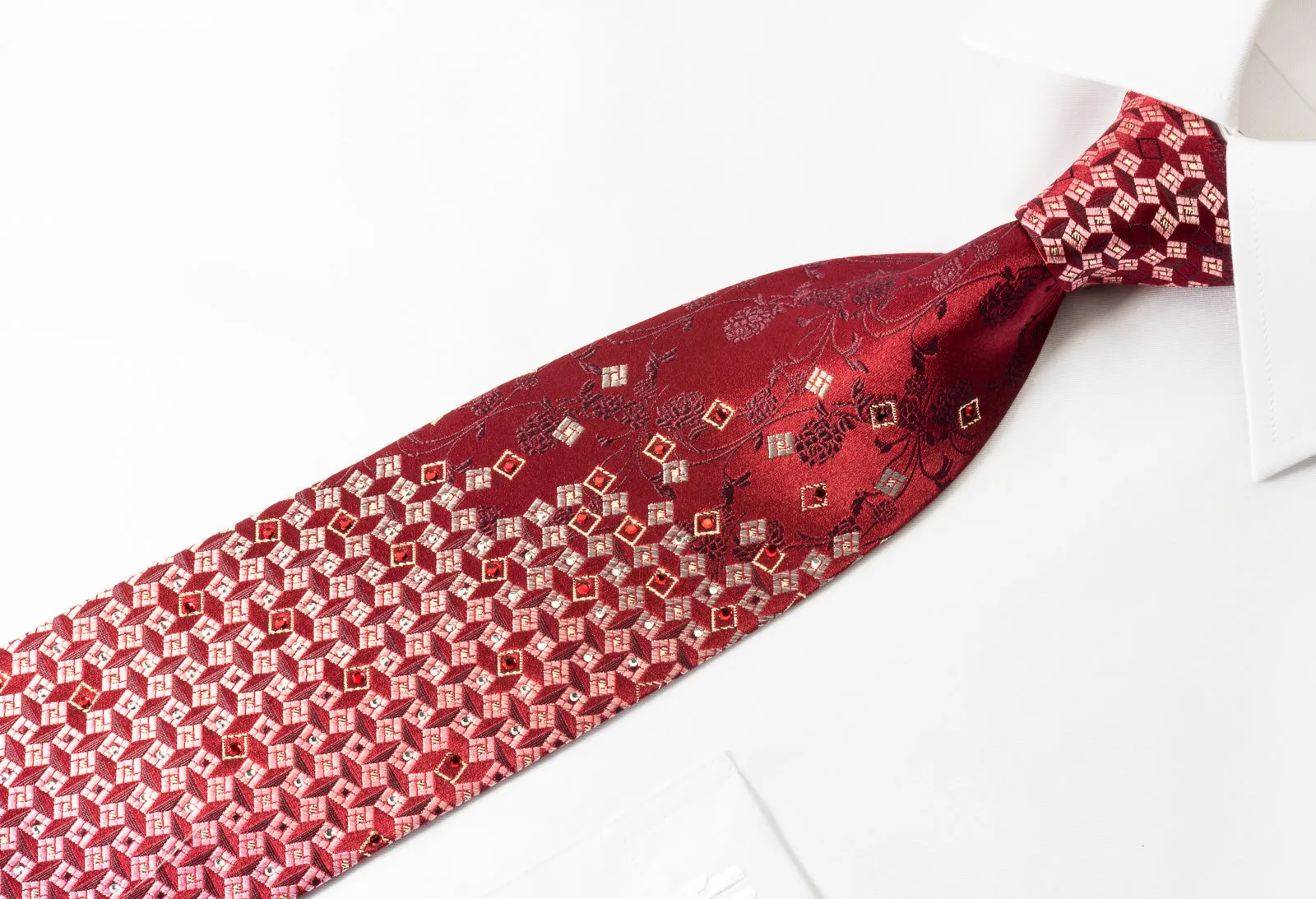 Grang Cia Rhinestone Necktie Geometric Floral On Burgundy With Silver Sparkles