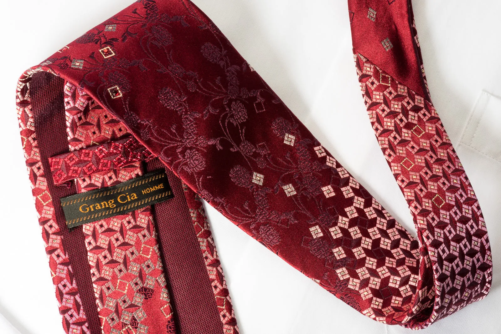 Grang Cia Rhinestone Necktie Geometric Floral On Burgundy With Silver Sparkles