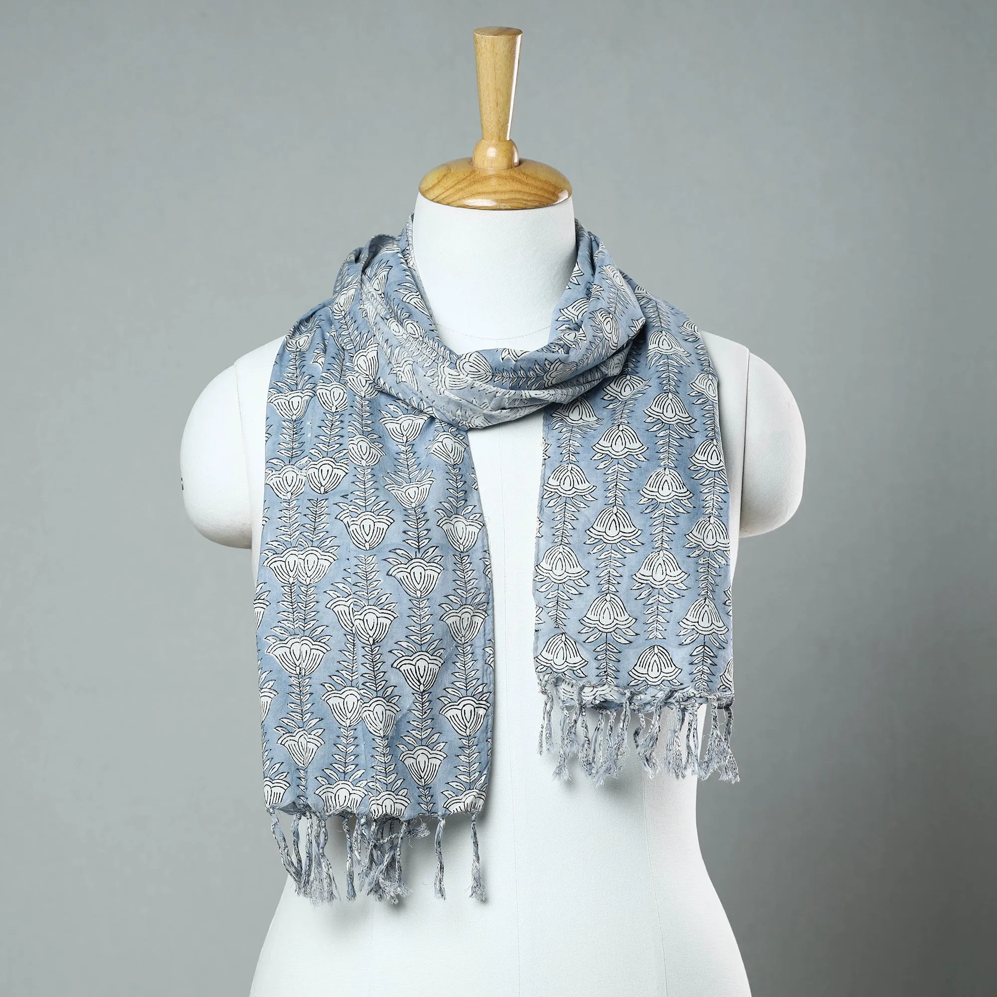 Grey - Sanganeri Block Printed Cotton Stole with Tassels 18