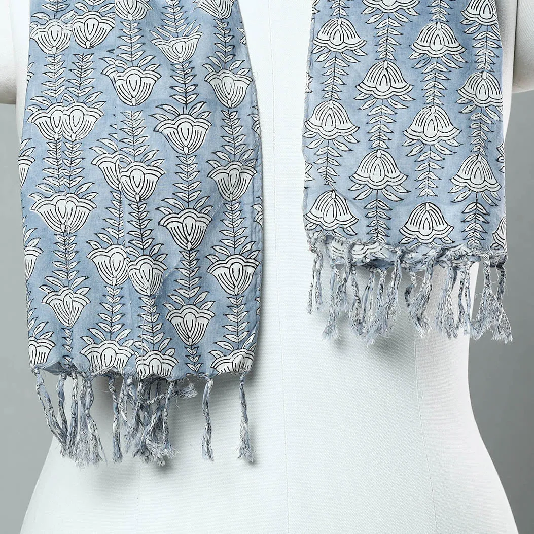 Grey - Sanganeri Block Printed Cotton Stole with Tassels 18