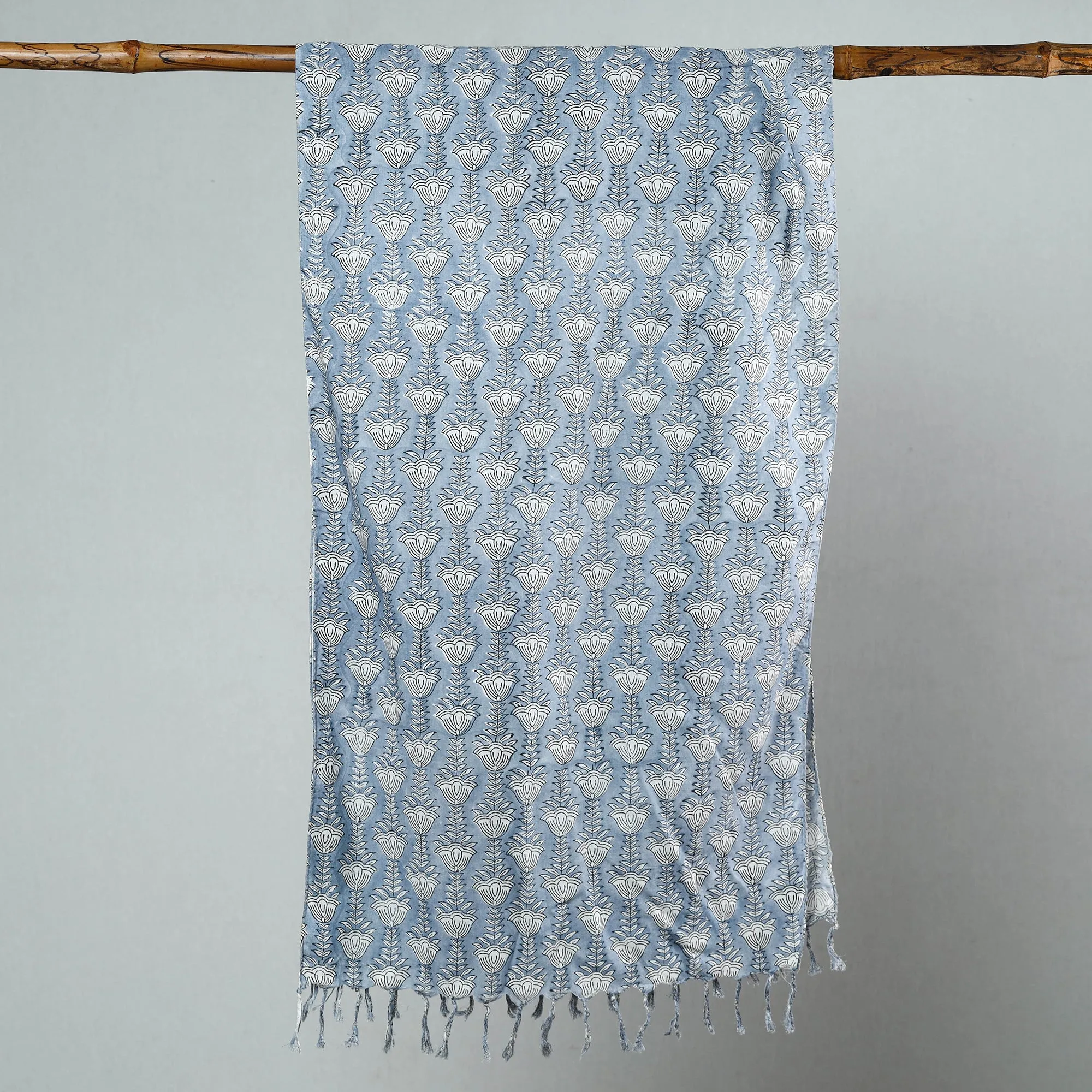 Grey - Sanganeri Block Printed Cotton Stole with Tassels 18