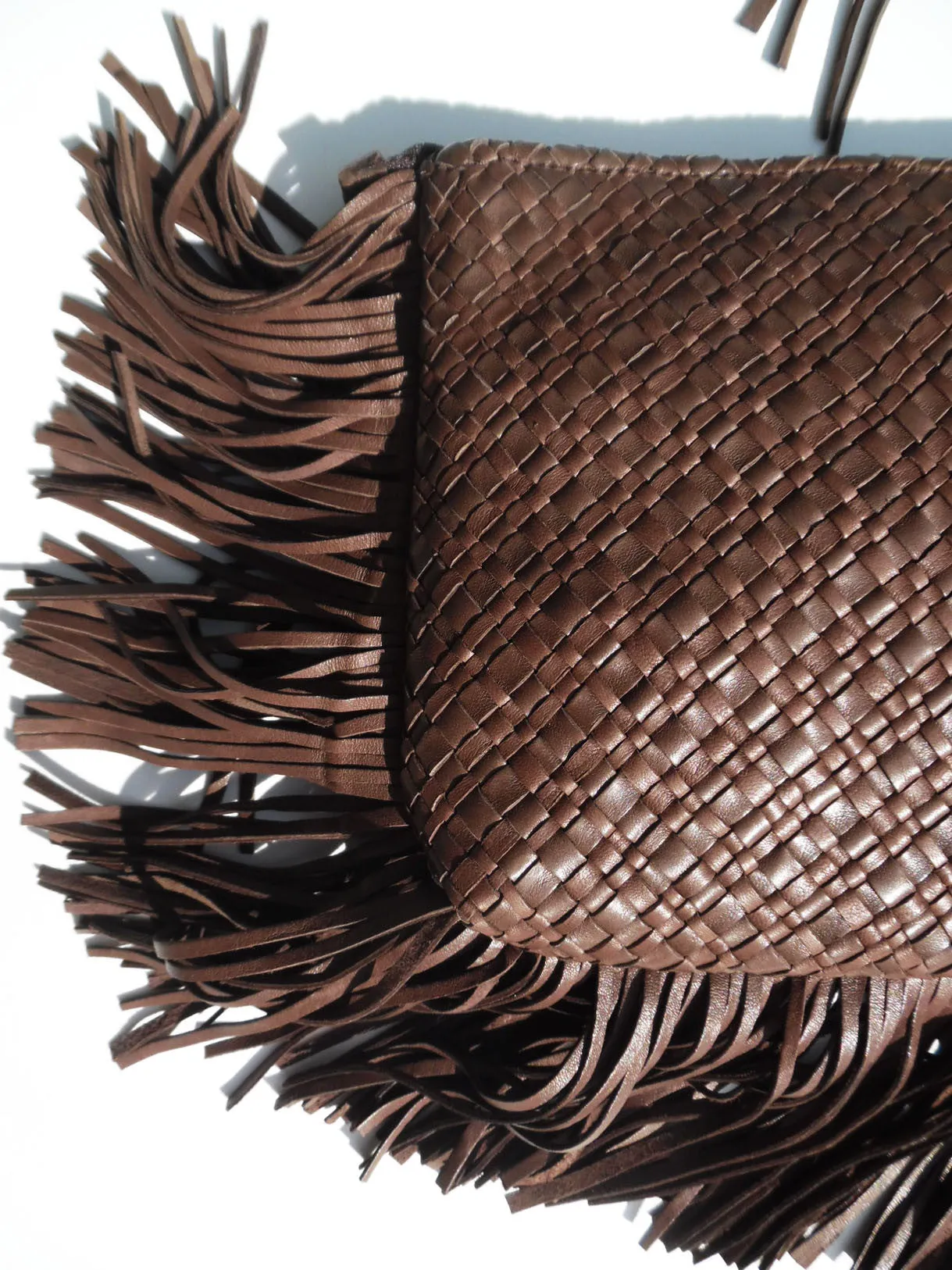 Hand Woven Leather Clutch With Fringe And Tassel Metallic - Crossbody Strap