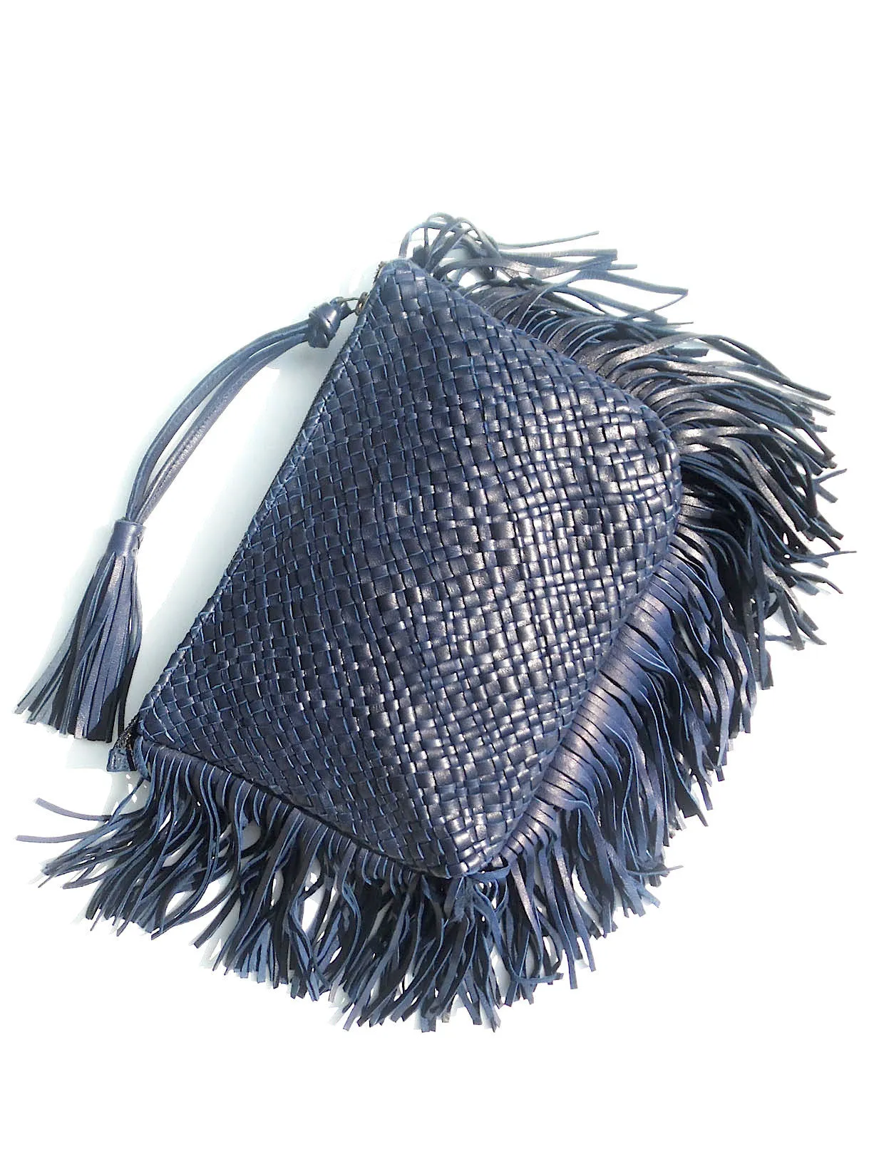 Hand Woven Leather Clutch With Fringe And Tassel Metallic - Crossbody Strap