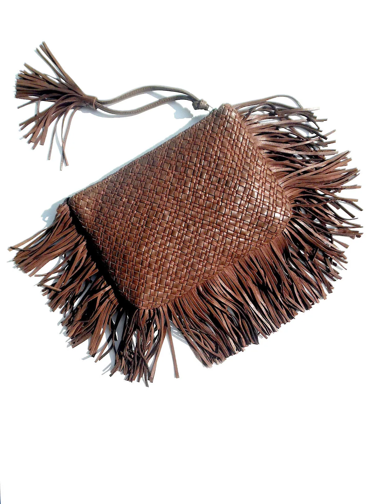 Hand Woven Leather Clutch With Fringe And Tassel Metallic - Crossbody Strap