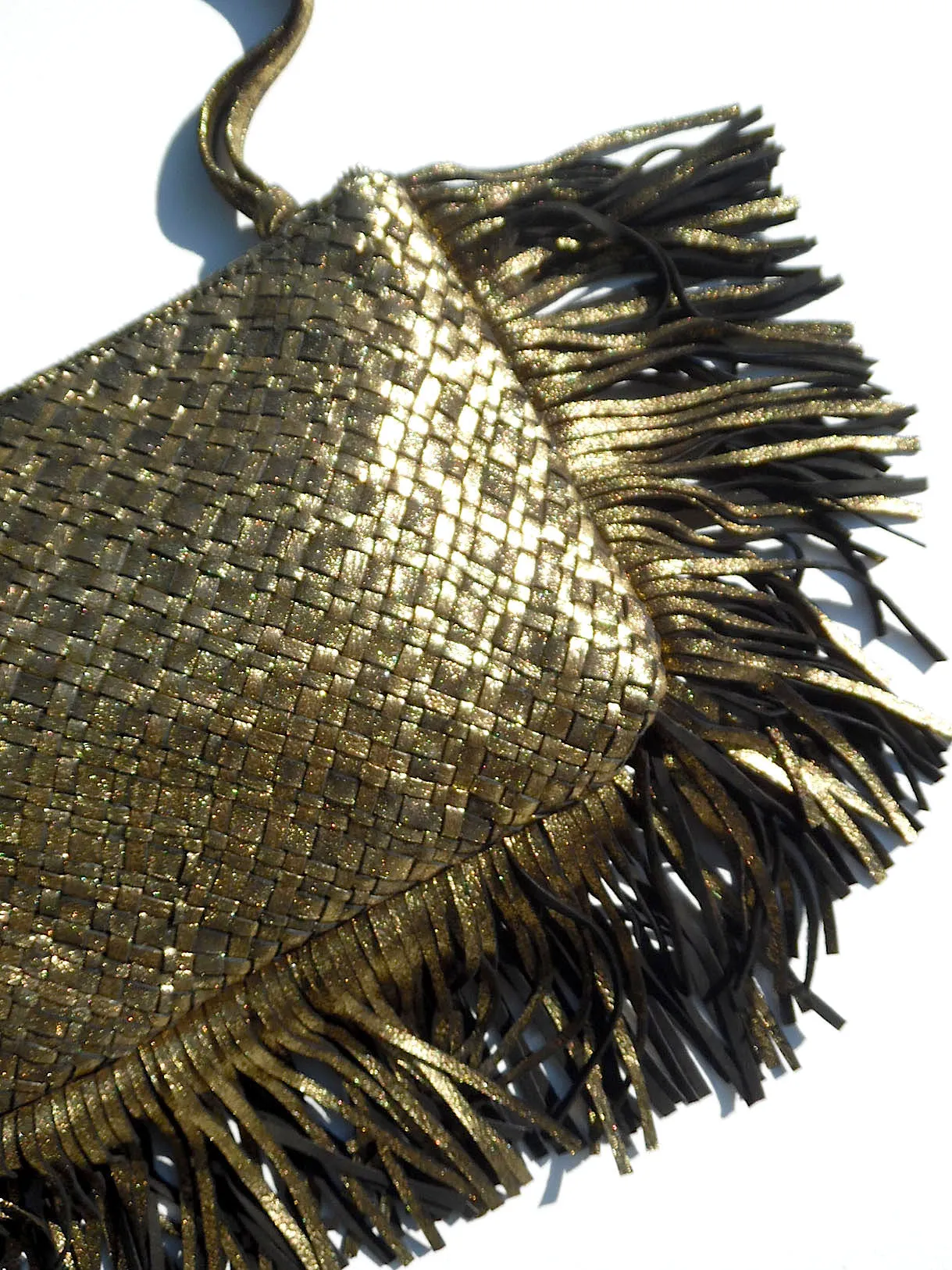 Hand Woven Leather Clutch With Fringe And Tassel Metallic - Crossbody Strap