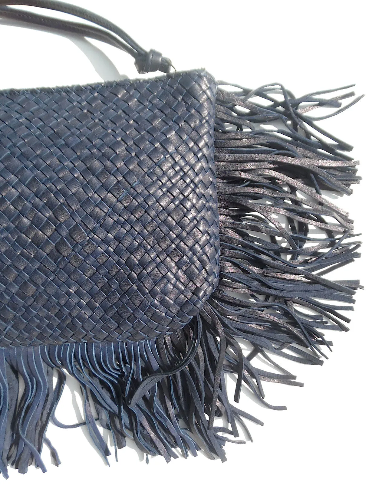 Hand Woven Leather Clutch With Fringe And Tassel Metallic - Crossbody Strap