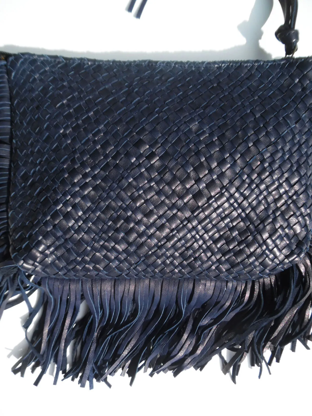 Hand Woven Leather Clutch With Fringe And Tassel Metallic - Crossbody Strap