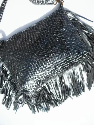 Hand Woven Leather Clutch With Fringe And Tassel Metallic - Crossbody Strap