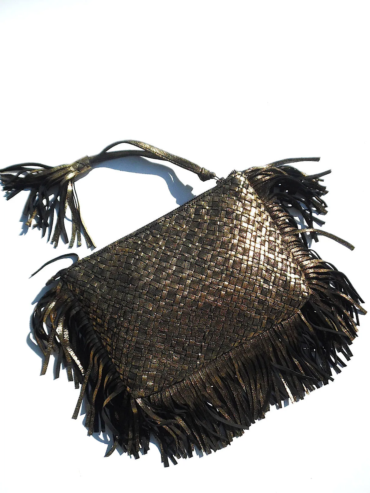 Hand Woven Leather Clutch With Fringe And Tassel Metallic - Crossbody Strap