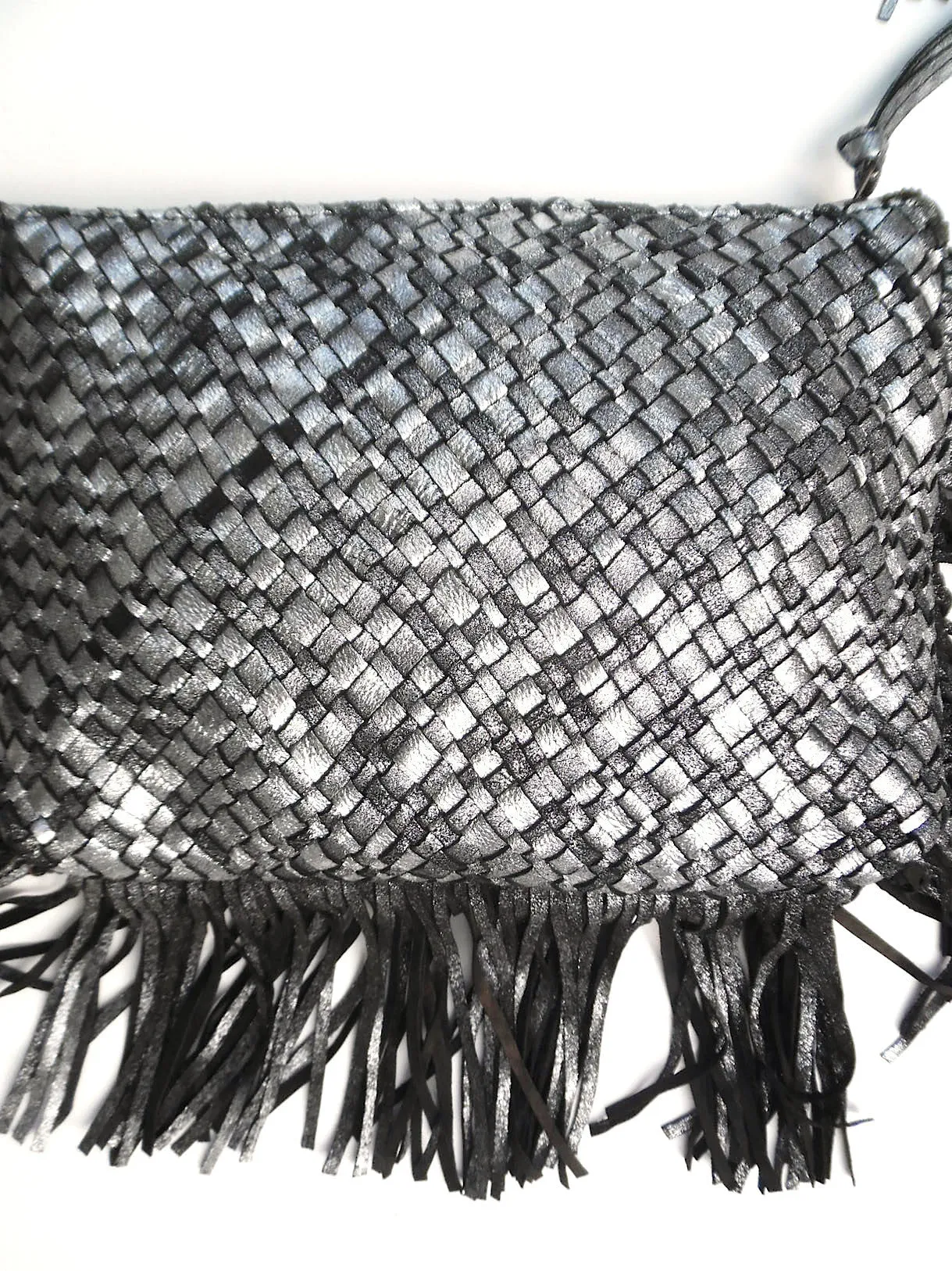 Hand Woven Leather Clutch With Fringe And Tassel Metallic - Crossbody Strap