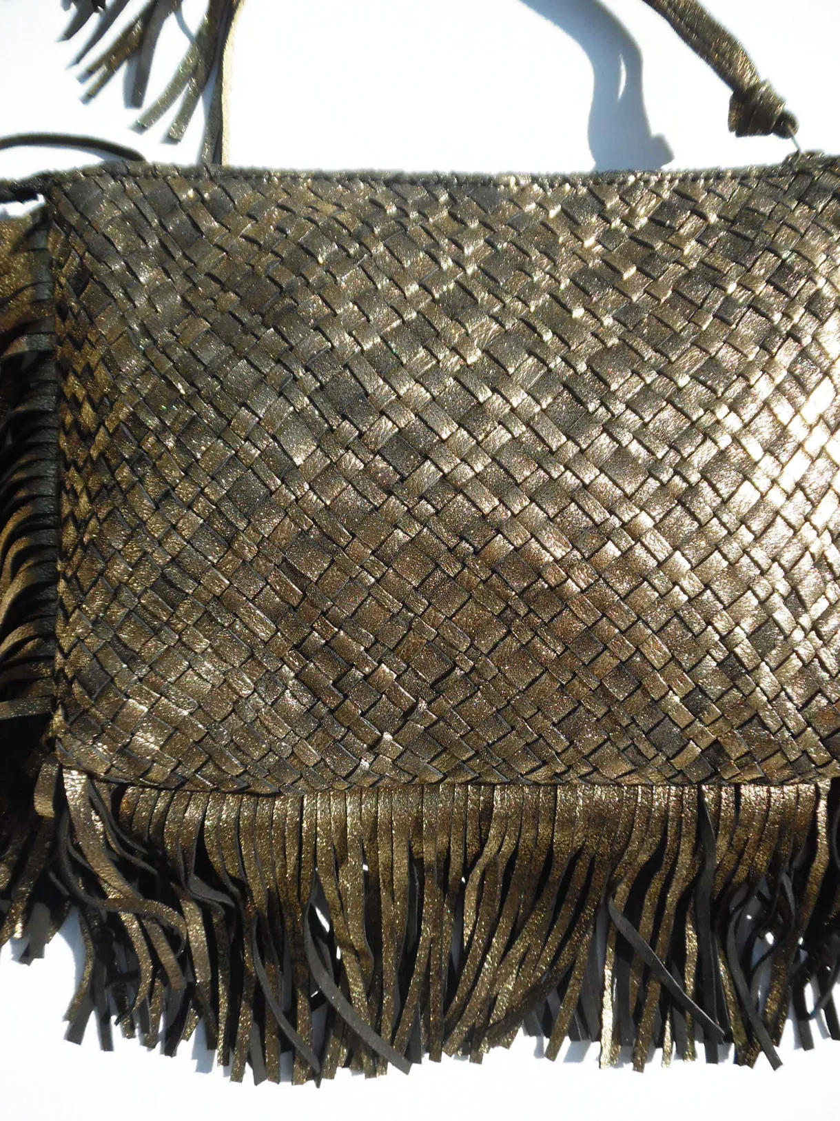 Hand Woven Leather Clutch With Fringe And Tassel Metallic - Crossbody Strap