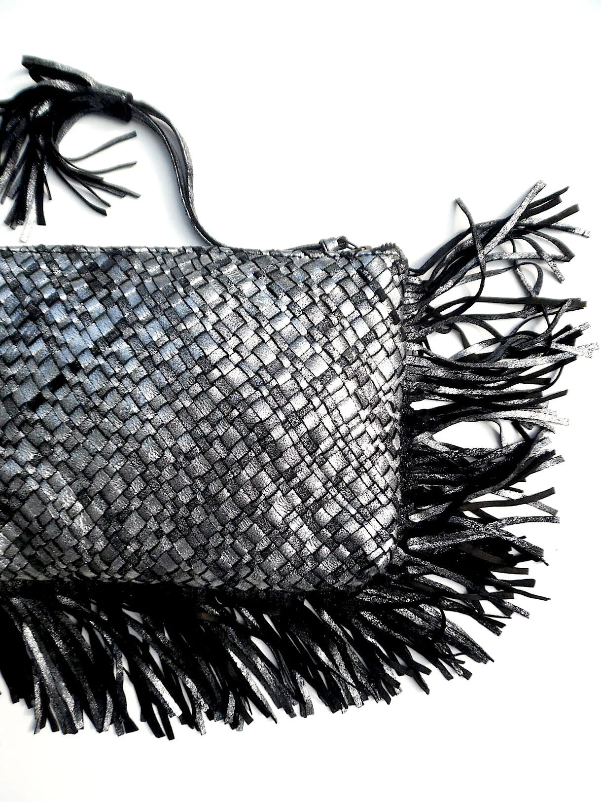 Hand Woven Leather Clutch With Fringe And Tassel Metallic - Crossbody Strap