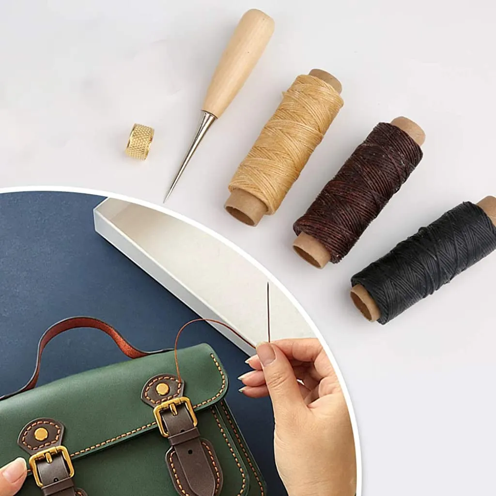 HASTHIP® 12 PCS Leather Sewing Repair Kit Leather Sewing Waxed Thread with Leather 7 Pcs Stitching Needle Tape Measure Sewing Awl for Leather DIY Stitching Repair Sewing Sofas Carpet Furs Sewing