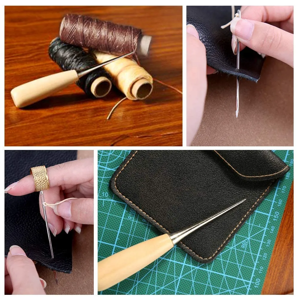 HASTHIP® 12 PCS Leather Sewing Repair Kit Leather Sewing Waxed Thread with Leather 7 Pcs Stitching Needle Tape Measure Sewing Awl for Leather DIY Stitching Repair Sewing Sofas Carpet Furs Sewing