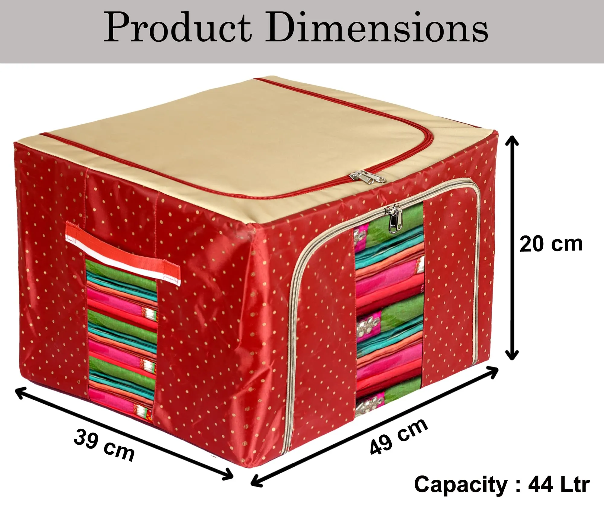 Heart Home Dot Printed Steel Frame Storage Box/Organizer For Clothing, Blankets, Bedding With Clear Window, 44Ltr.- Pack of 2 (Maroon & Brown)-44HH0243