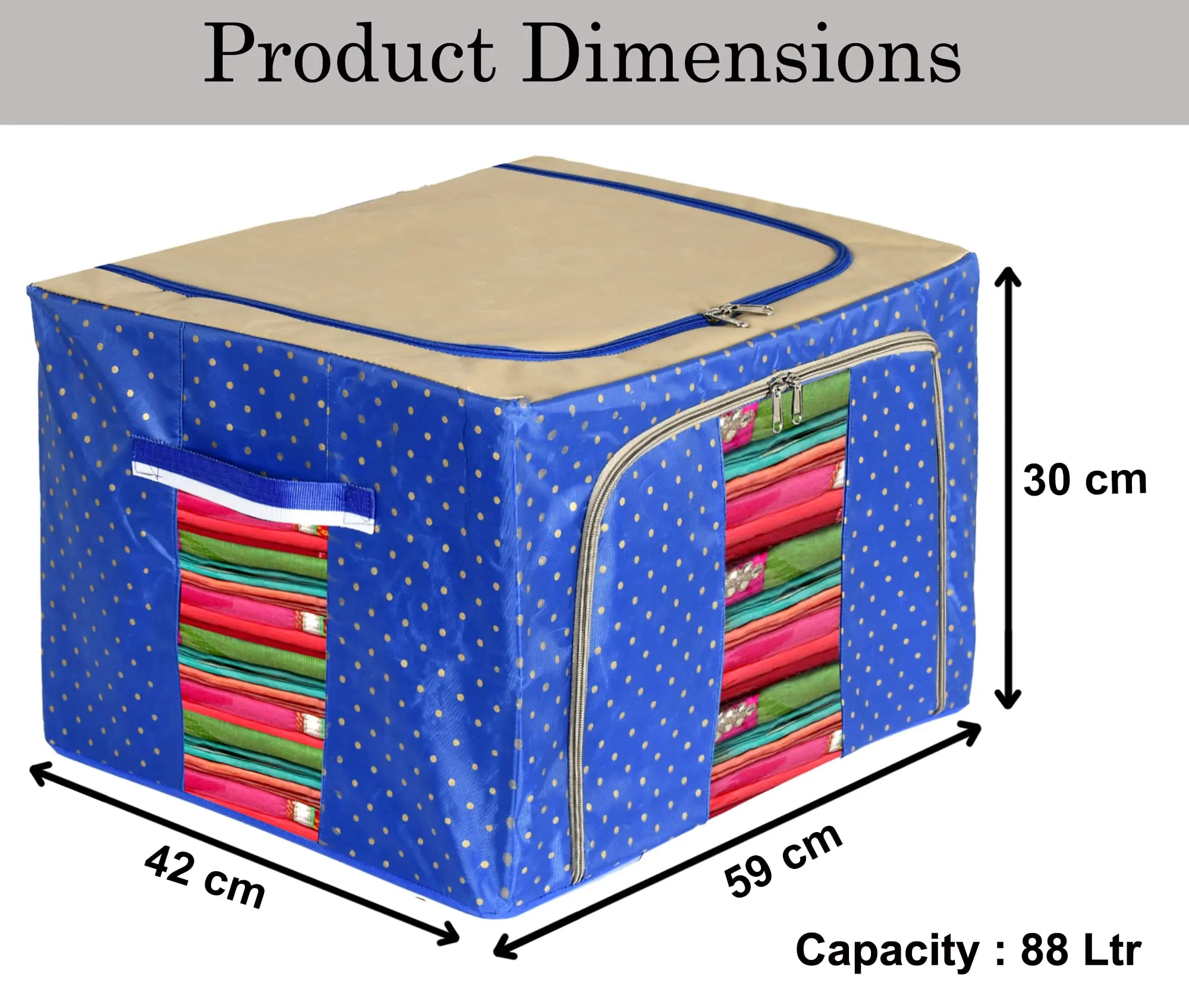 Heart Home Dot Printed Steel Frame Storage Box/Organizer For Clothing, Blankets, Bedding With Clear Window, 88Ltr. (Blue & Brown)-44HH0265