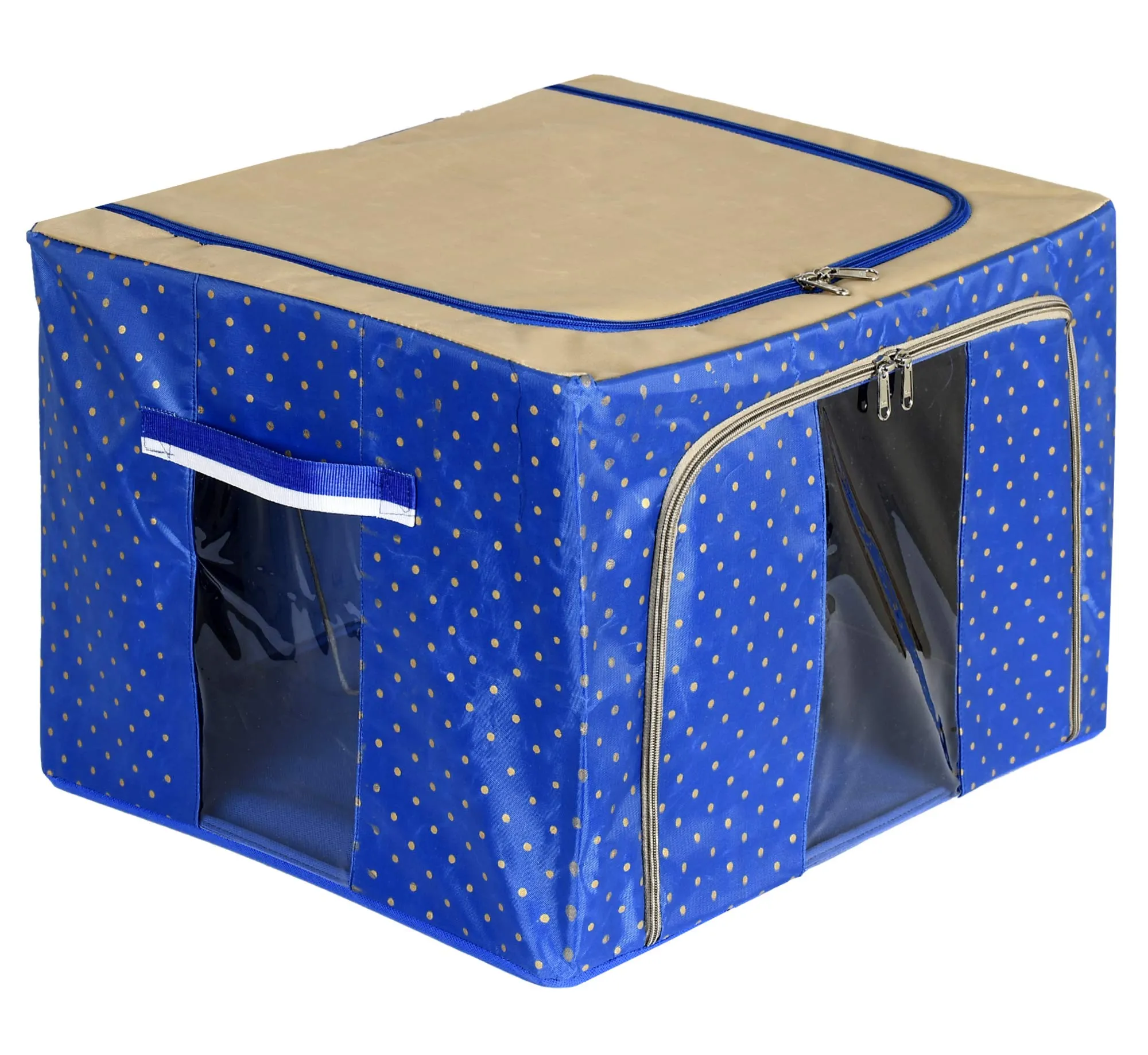 Heart Home Dot Printed Steel Frame Storage Box/Organizer For Clothing, Blankets, Bedding With Clear Window, 88Ltr. (Blue & Brown)-44HH0265