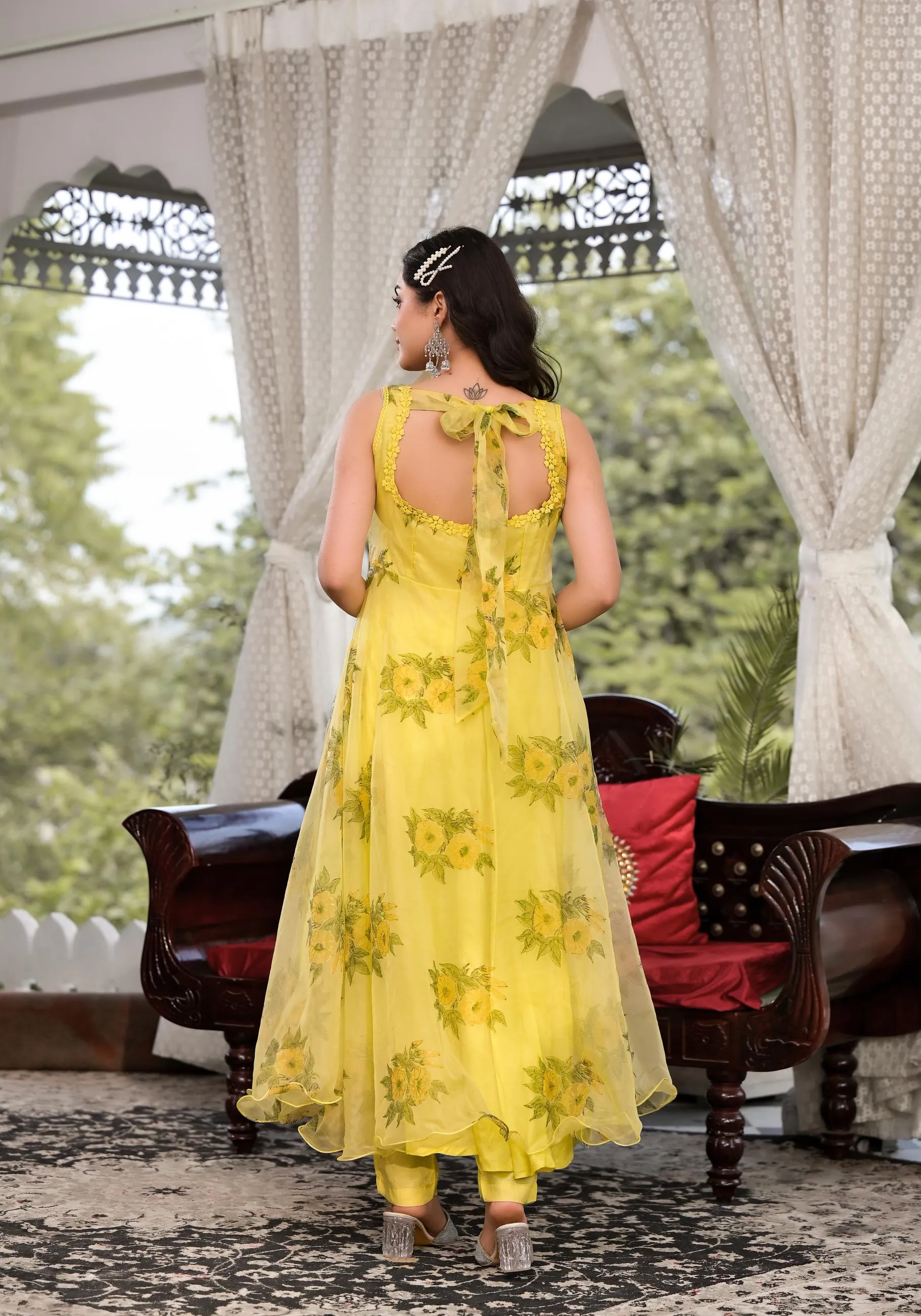 Jashvi Light Yellow Hand Painted Floral Organza Anarkali Kurta Pant Set with Dupatta