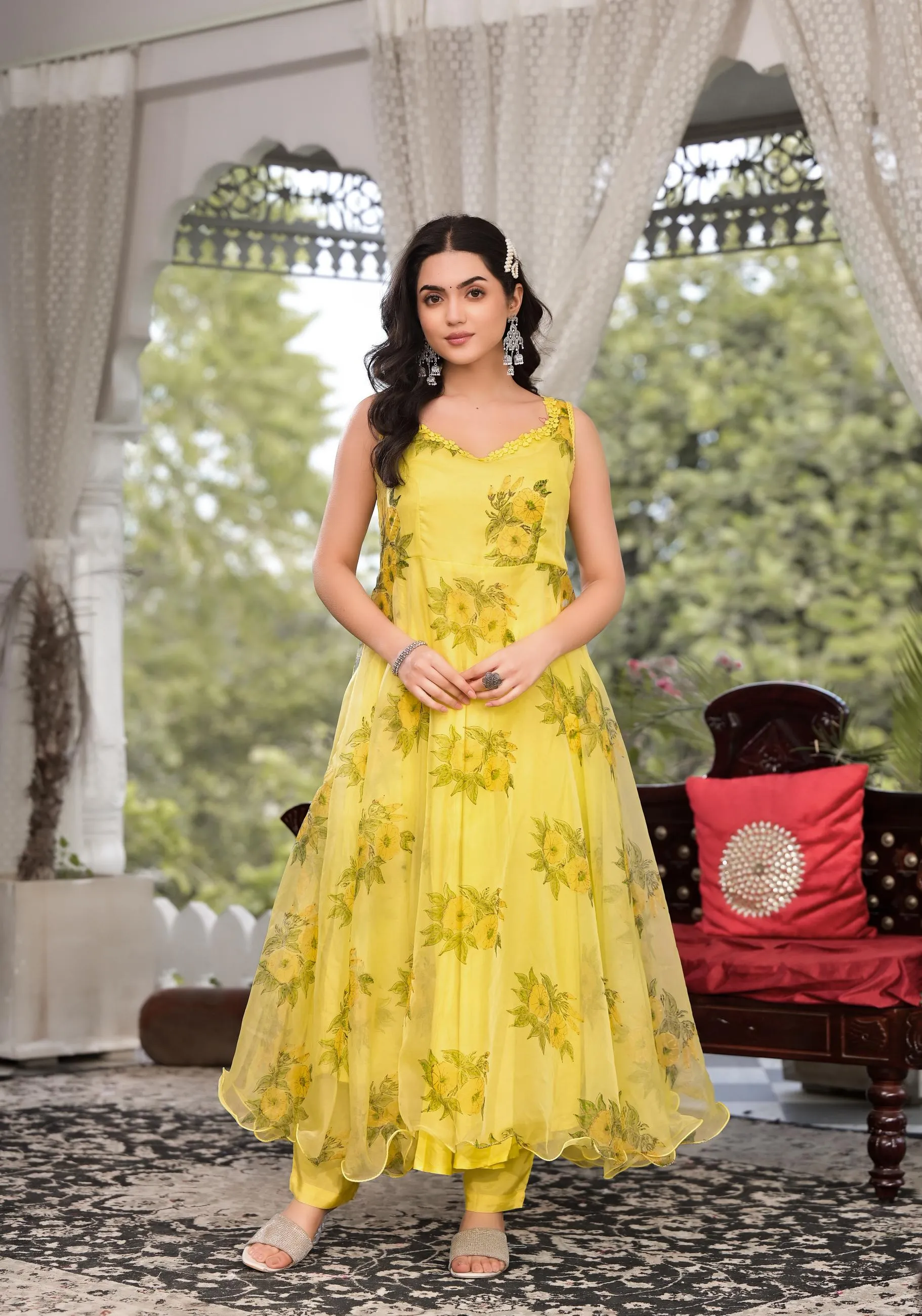 Jashvi Light Yellow Hand Painted Floral Organza Anarkali Kurta Pant Set with Dupatta