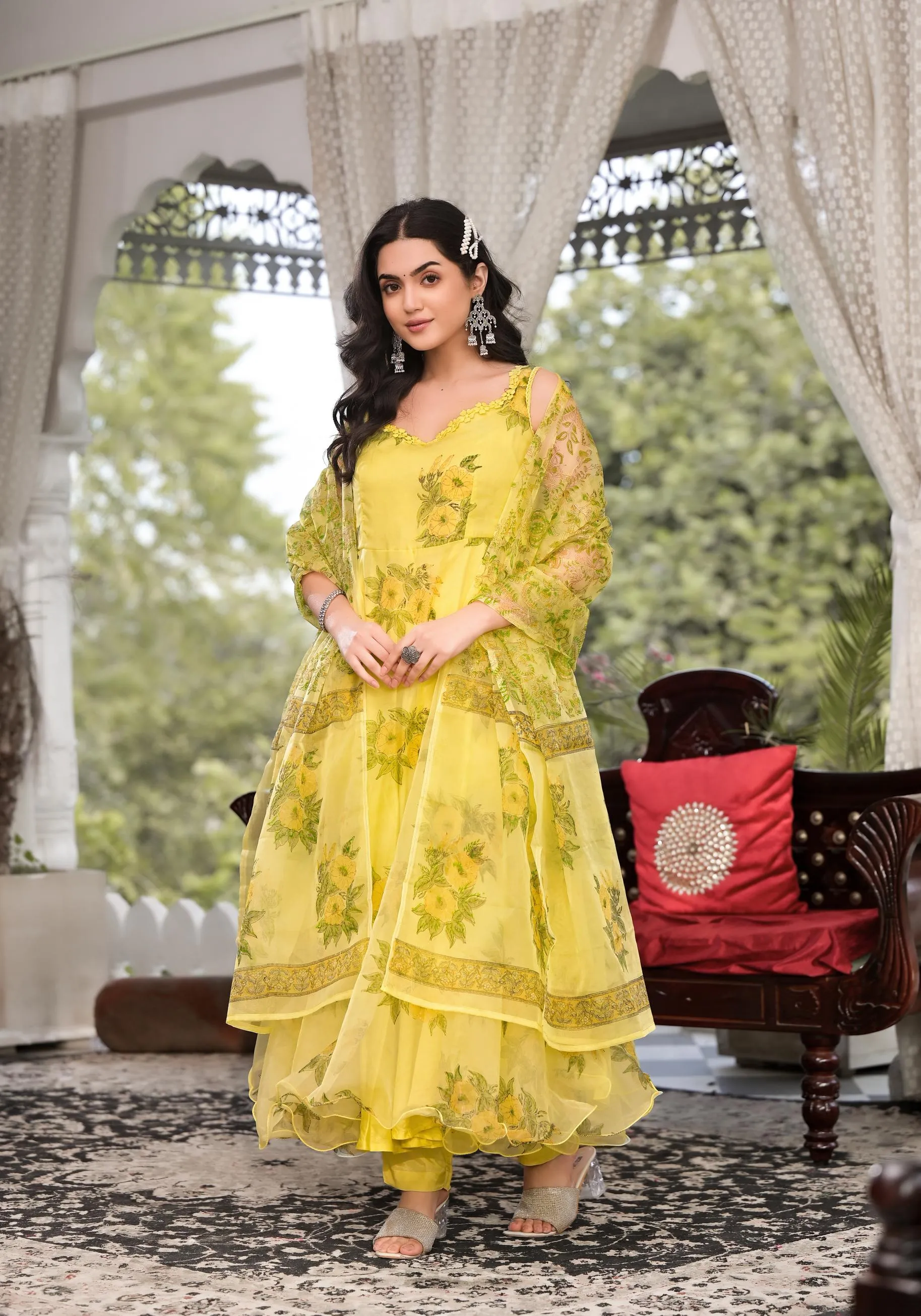 Jashvi Light Yellow Hand Painted Floral Organza Anarkali Kurta Pant Set with Dupatta