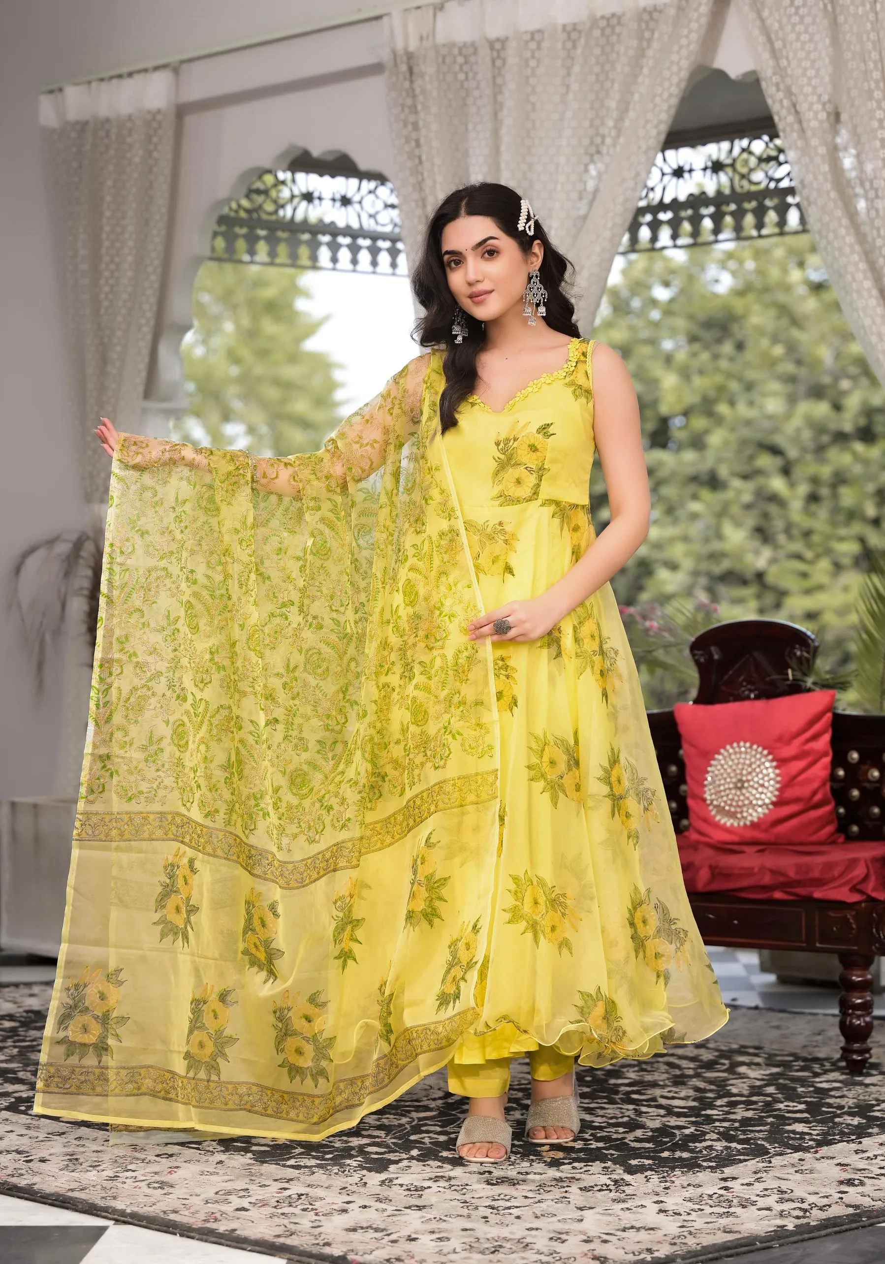 Jashvi Light Yellow Hand Painted Floral Organza Anarkali Kurta Pant Set with Dupatta