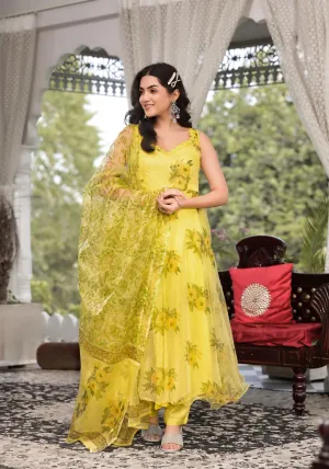 Jashvi Light Yellow Hand Painted Floral Organza Anarkali Kurta Pant Set with Dupatta