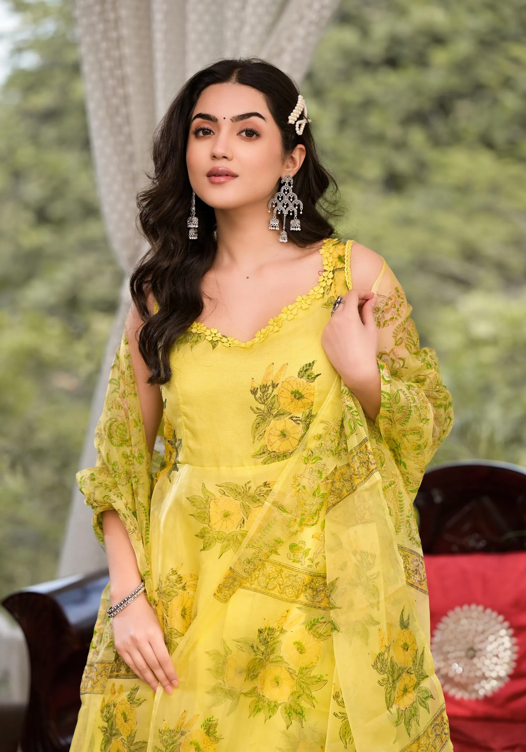 Jashvi Light Yellow Hand Painted Floral Organza Anarkali Kurta Pant Set with Dupatta