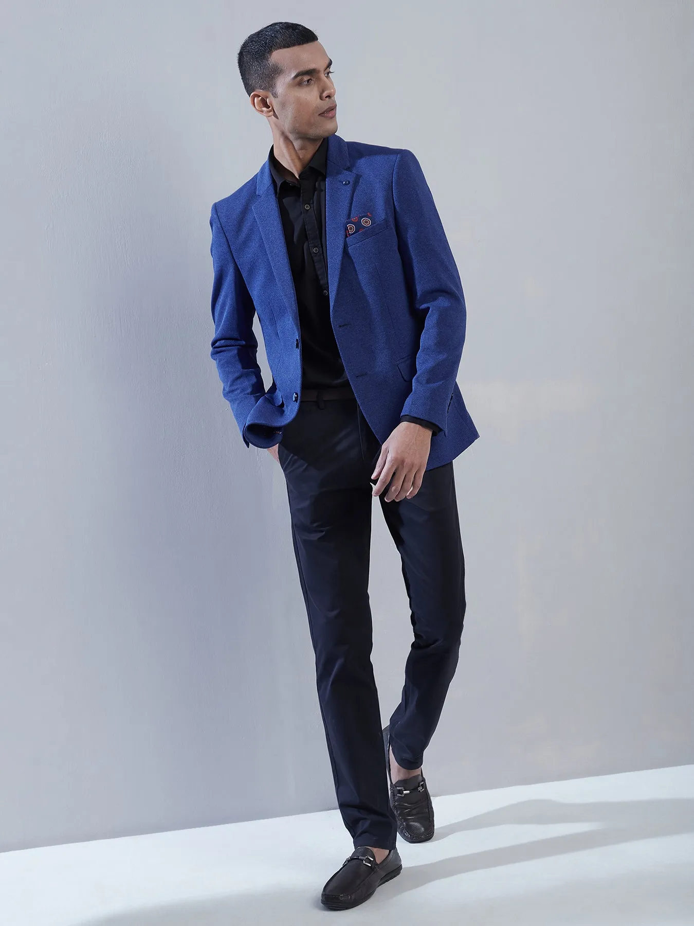 Knitted Navy Blue Dobby Slim Fit Full Sleeve Ceremonial Blazer