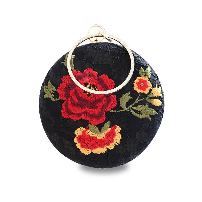 Luxy Moon Embroidered Round Flower Black Evening Bag